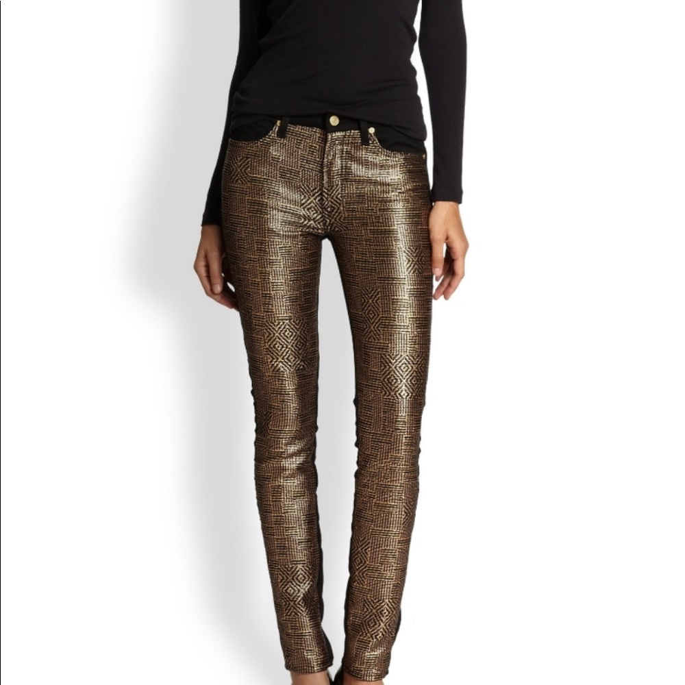 7 For All Mankind Malhia Kent Egyptian Gold Jacquard Skinny Jeans, Size 28